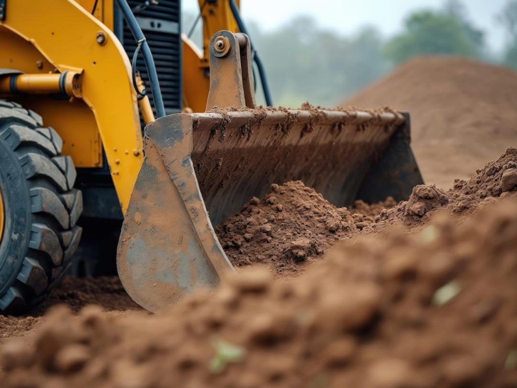 Tractor bucket shovelling brown soil into it's bucket.