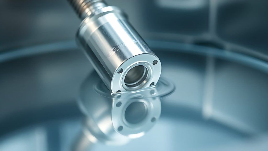 Polished Metal Component Partially Submerged In Electroplating Solution, Silver Reflection